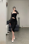 Un Morceau elastic lace sloping half skirt UM231XZ12 black PUM40